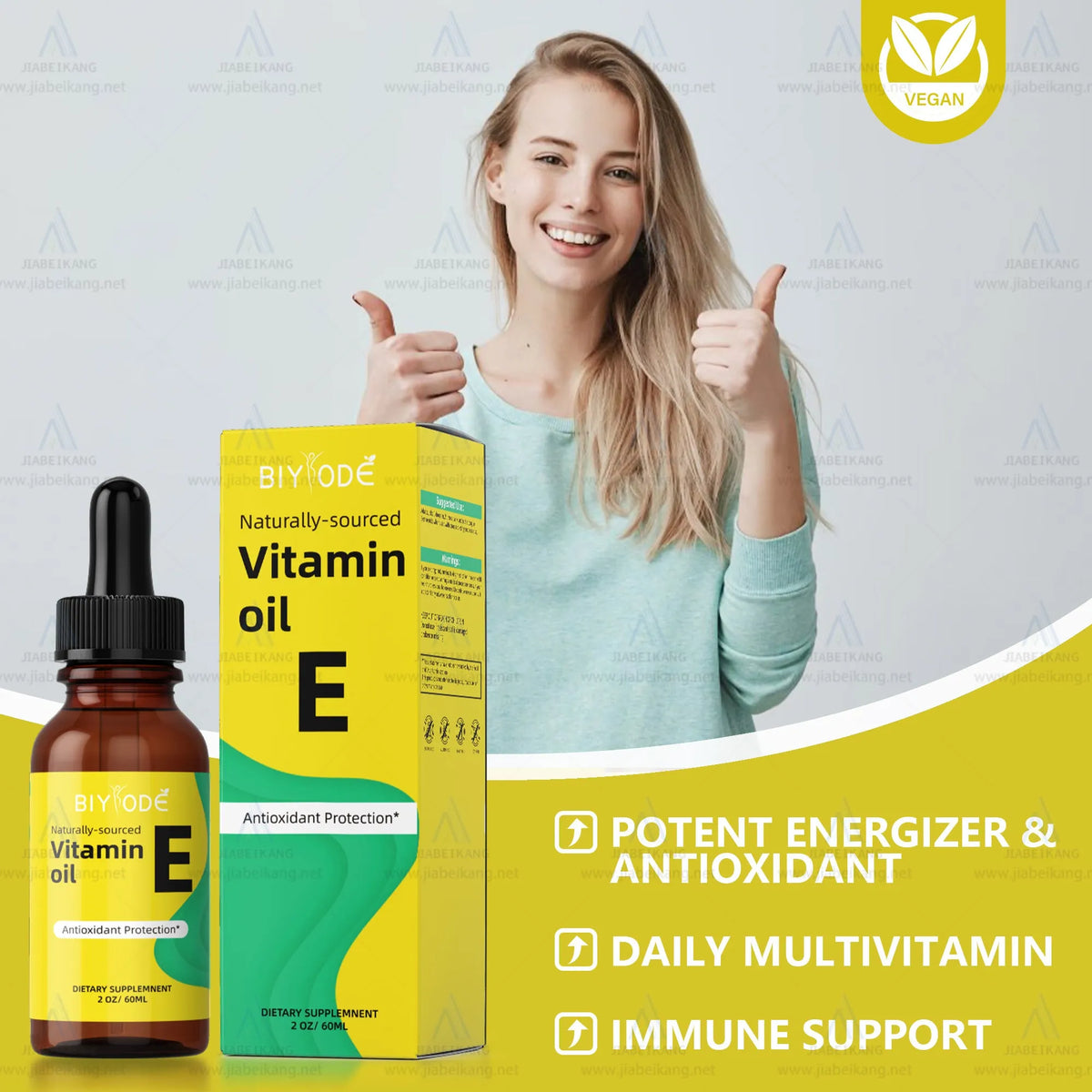 60ml vitamin E drops bottle for adult daily use, OEM whitening supplement with 1–2 drops per day
