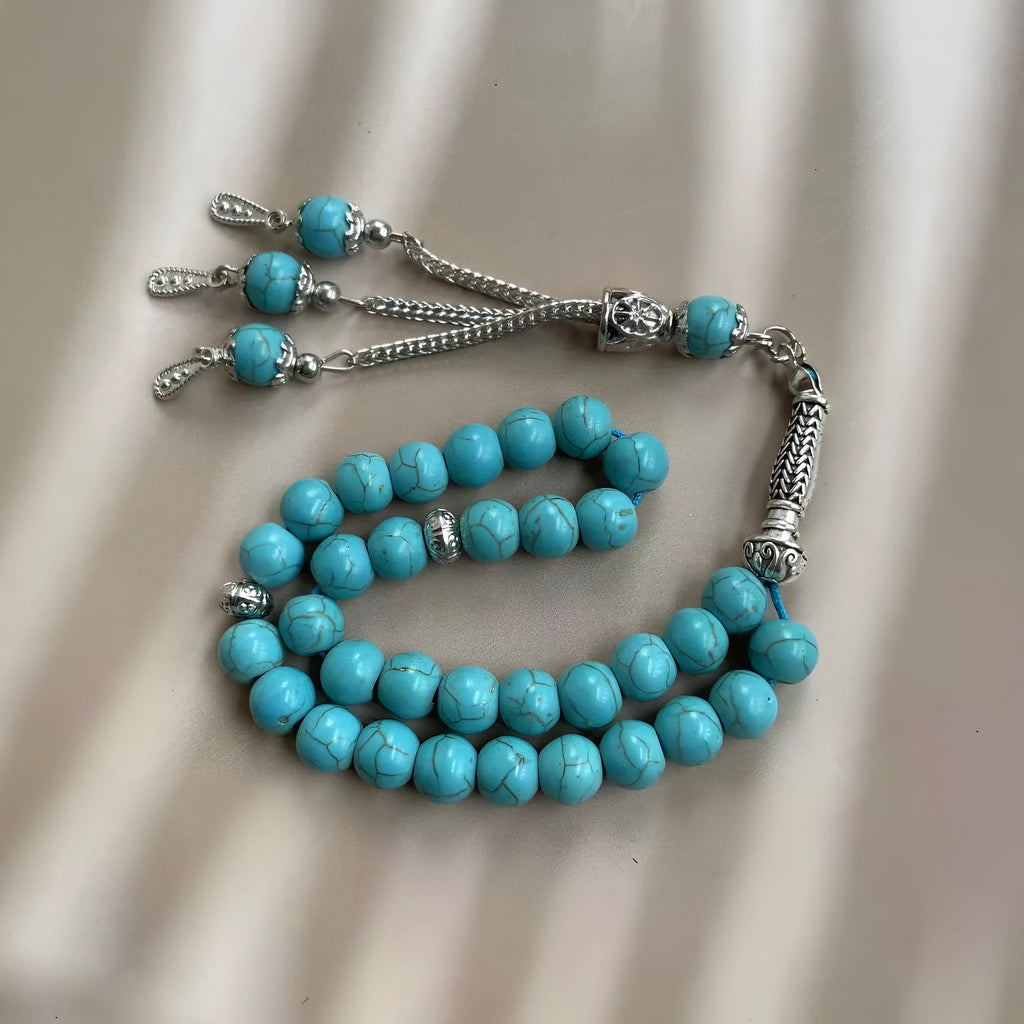 Handmade Muslim prayer bracelet with sky blue 8mm stone beads for daily Islamic worship