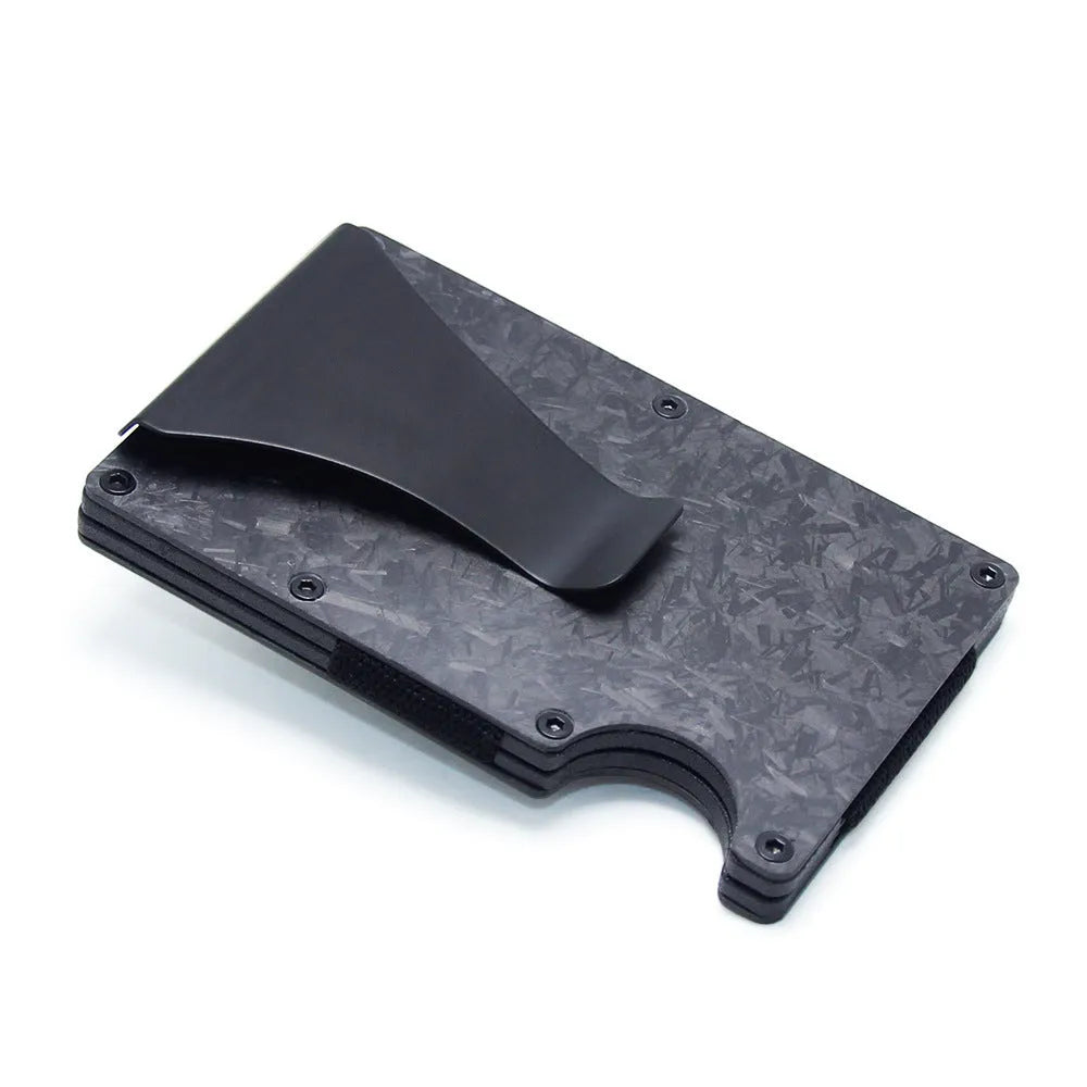 Geometric carbon fibre card wallet with business cards showing 8mm thickness