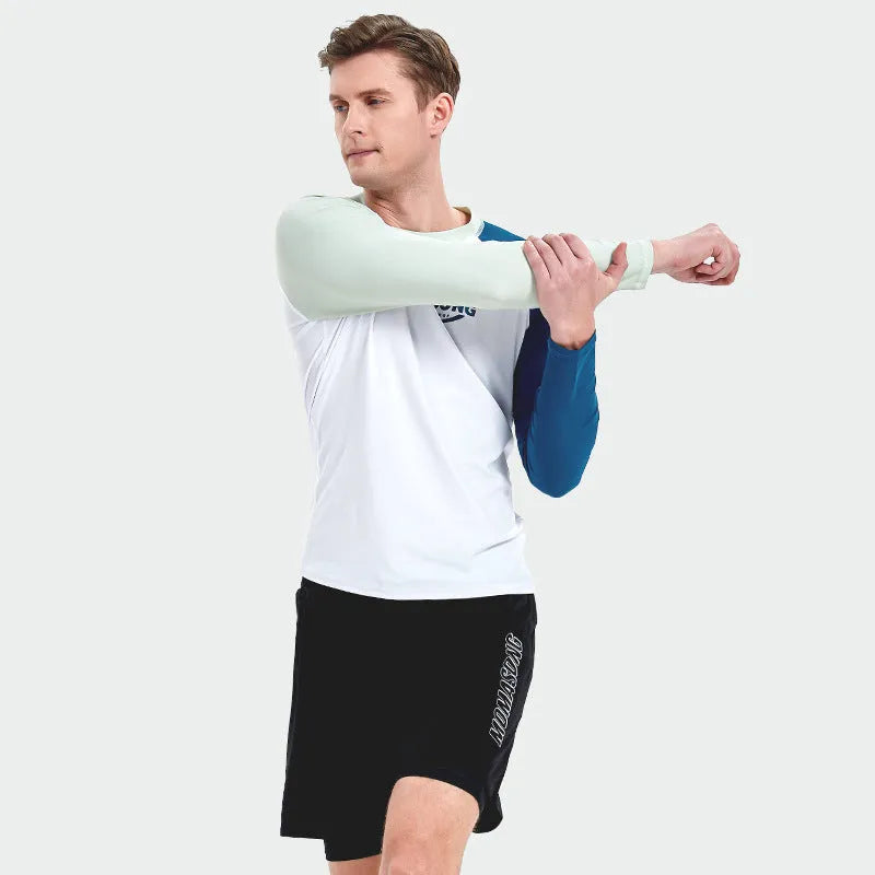 Men's white long sleeve swimsuit with matching trunks for sun protection during swimming and surfing