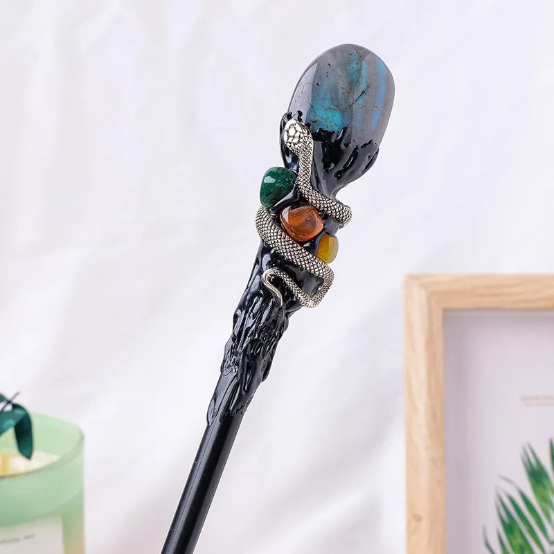 Natural crystal ball magic wand with amethyst stone topper for Halloween prop