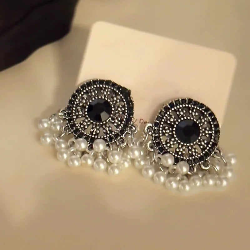 Miao maiden pearl earrings in alloy with electroplated finish, geometric round ethnic style for women, one pair