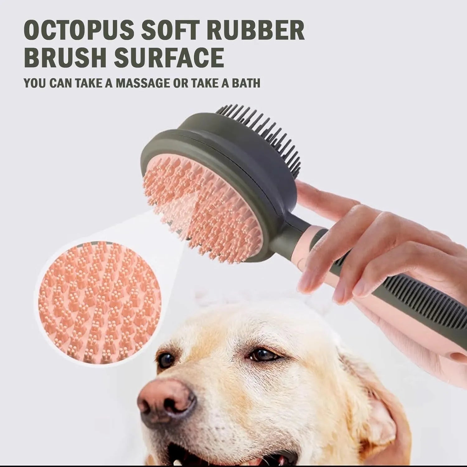 Green and pink double-sided cat brush with release button and flea comb