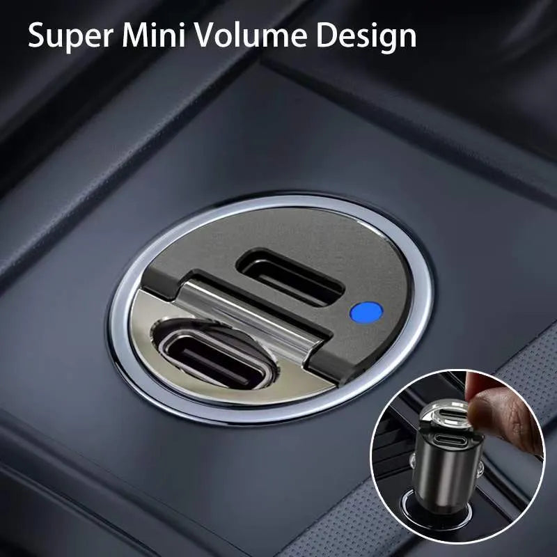 30W car cigarette lighter charger with dual PD and QC ports in zinc alloy housing