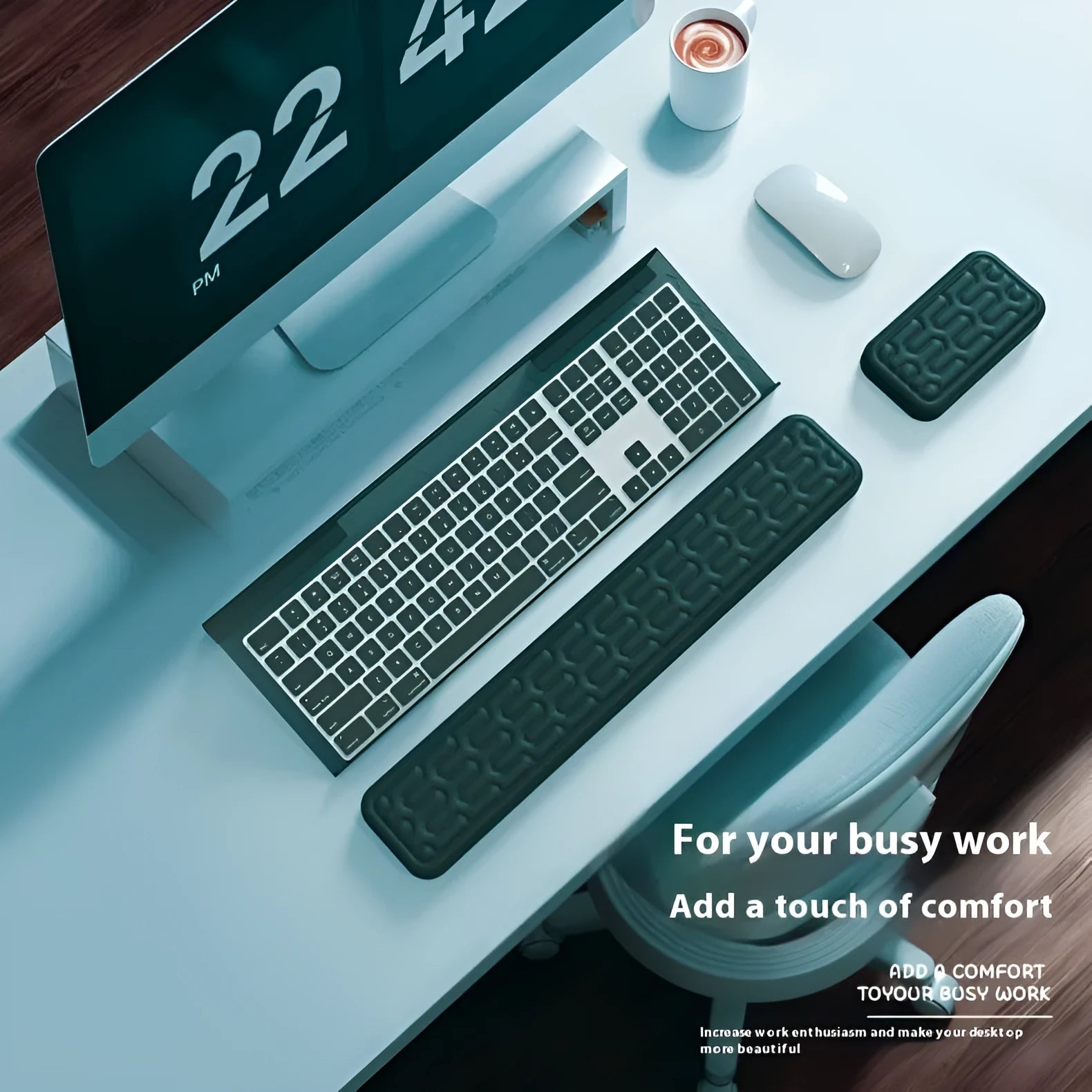 Double-sided keyboard and mouse pad with memory foam cushioning and wrist strap support