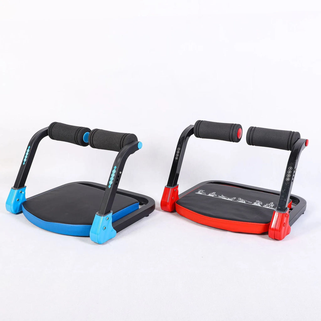 Sky blue and red coloured mini multifunctional abdominal exercise device for home, office, and outdoor use.