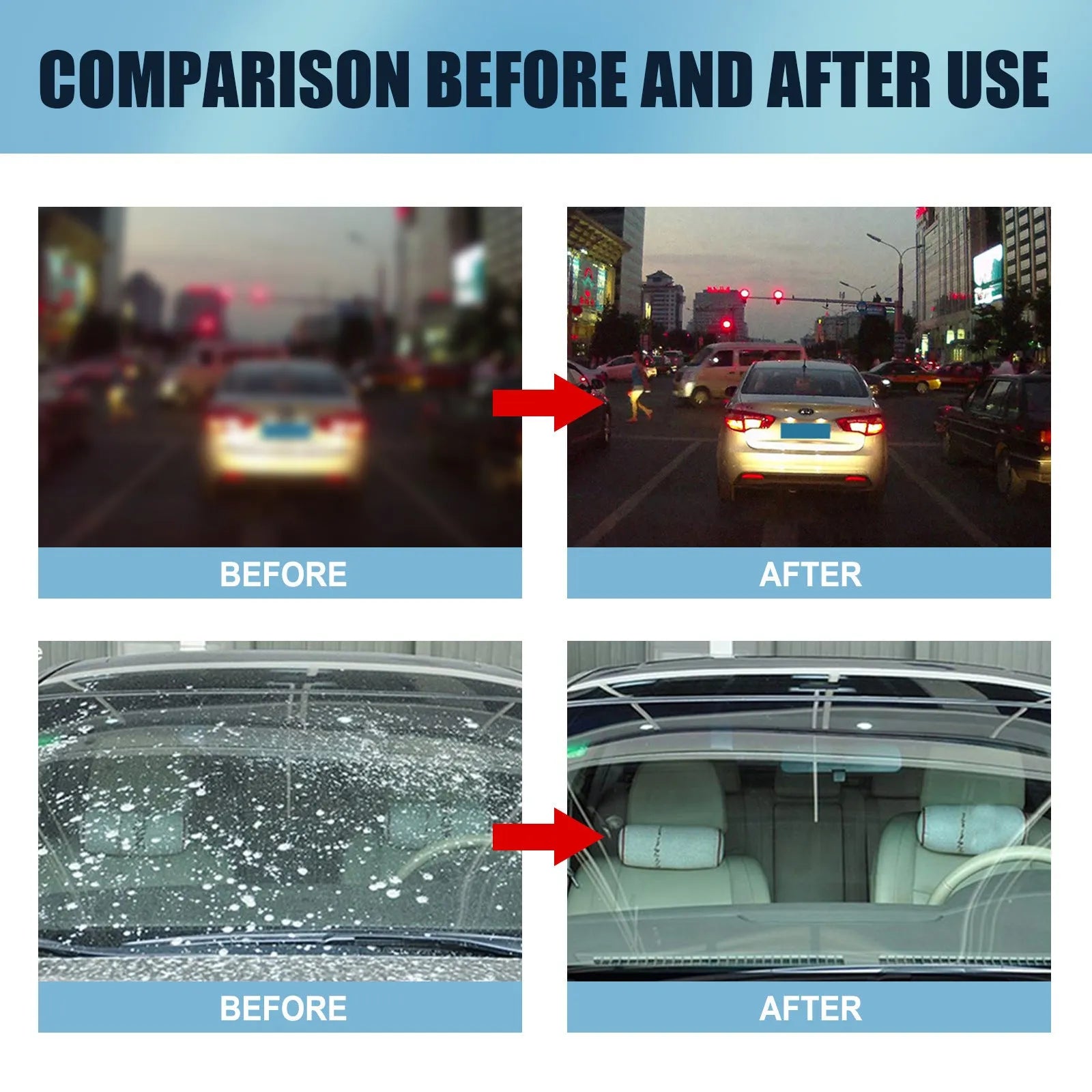 Blue container of car glass oil film remover paste and a soft sponge applicator on a car windshield.