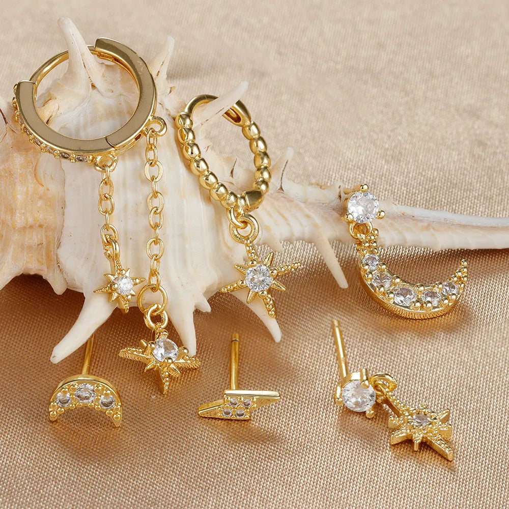 XINGX set of six gold chain tassel earrings with zircon studs for women