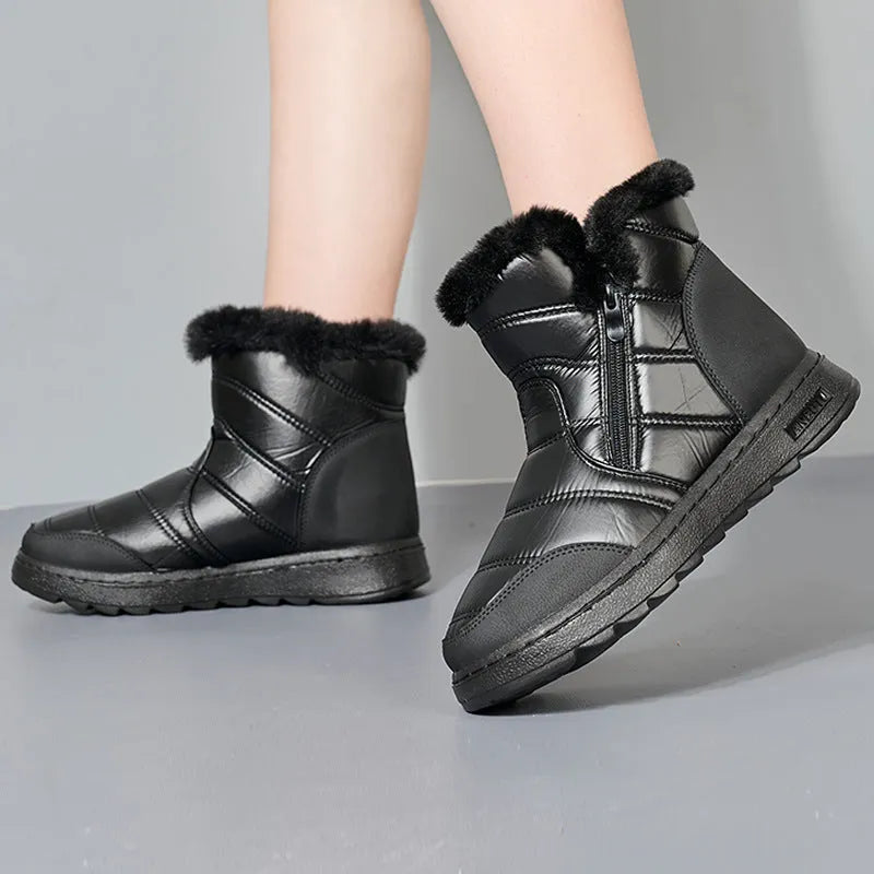 Winter high top snow boots with side zipper, fur upper, plush lining, and polyurethane sole in black