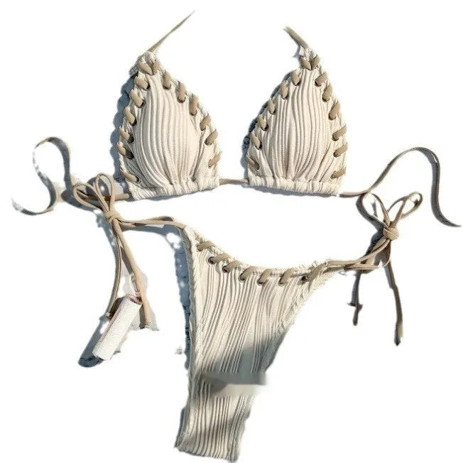 Milky white texture split lace-up swimsuit with small chest push-up, backless briefs style, and nylon fabric