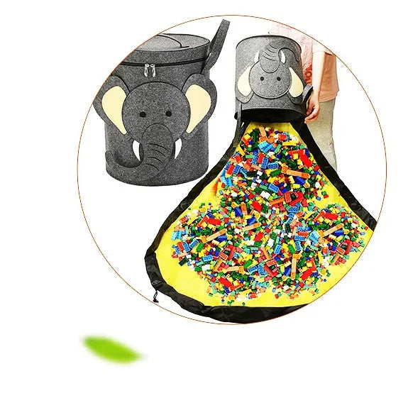 Green felt storage bag with pull rope that converts to toy play mat