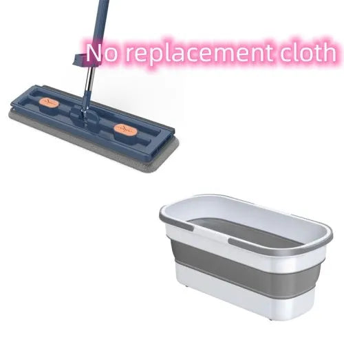 Large flat mop with stainless steel handle and blue mop cloth on hard floor