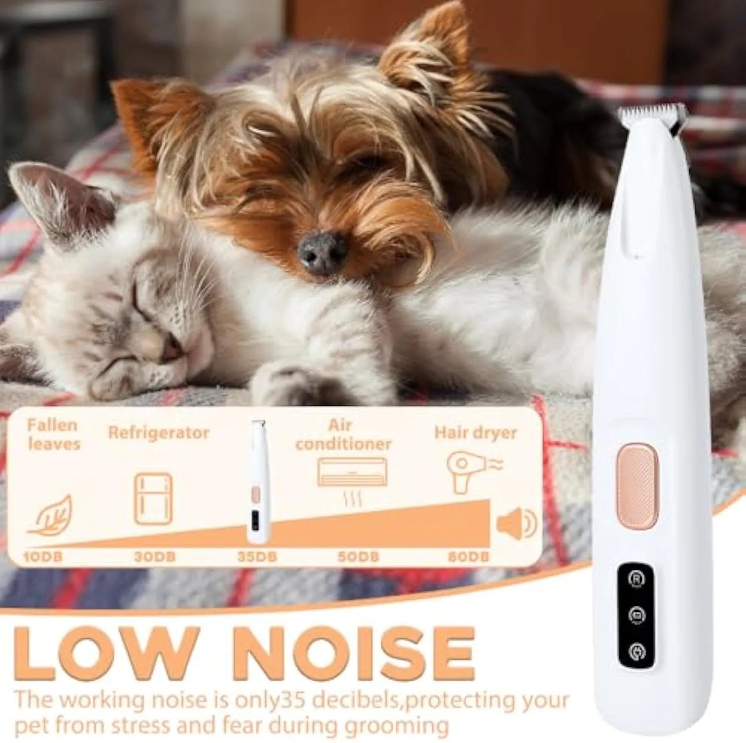 White rechargeable electric dog paw trimmer with LED light and four comb attachments on a table