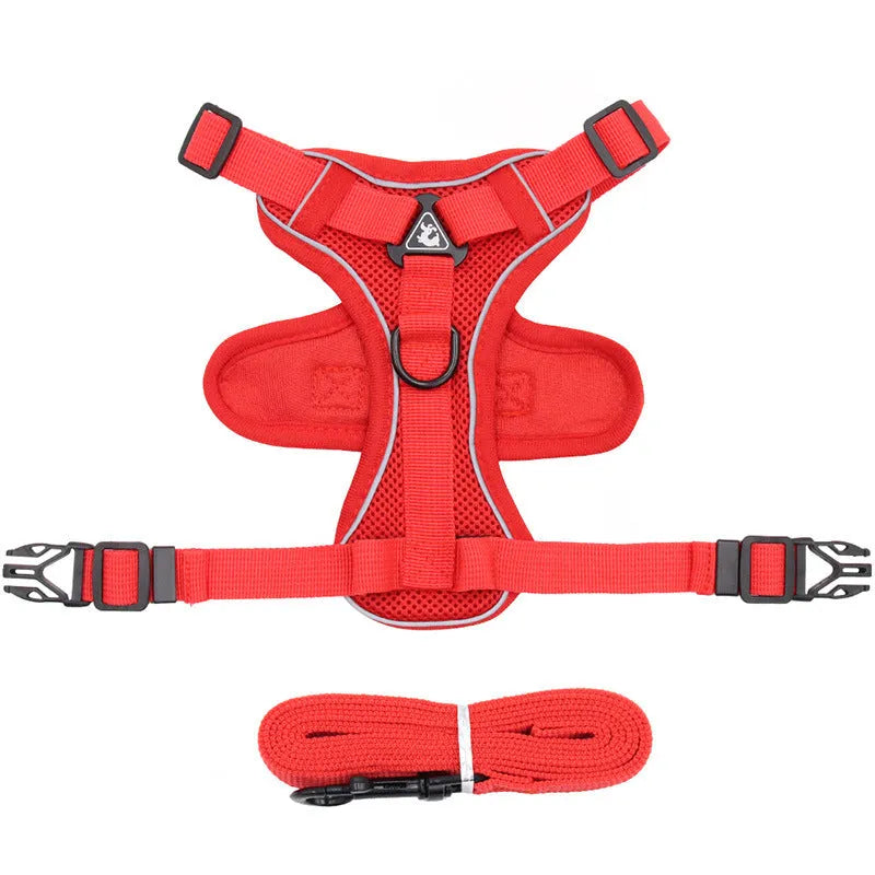 Anti-breakaway cat harness set with 1.5m flat rope lead and silver chain in green, grey, and rose red colours