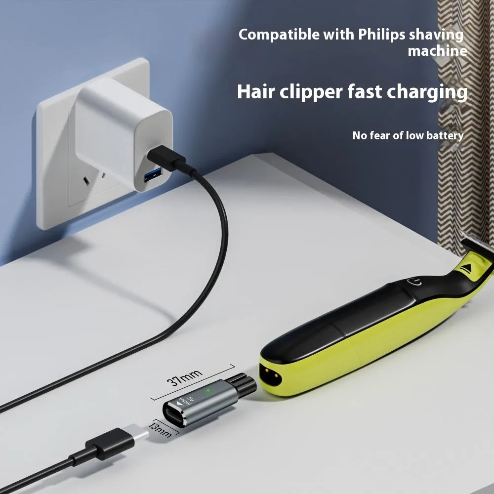 USB-C charging adapter for electric shavers with aluminium alloy casing in black or grey