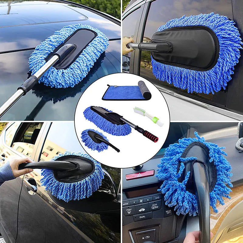 Car dust collector set with five microfiber dusting brushes and retractable handle for home and car use