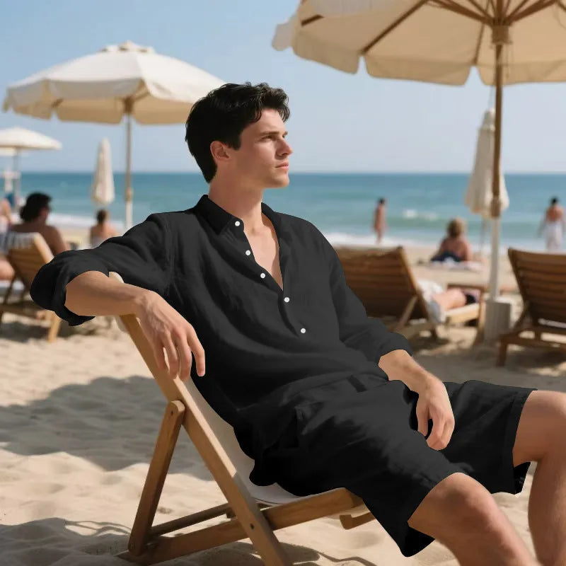 Men's linen beach suit set showing long sleeve shirt and matching shorts in available colours