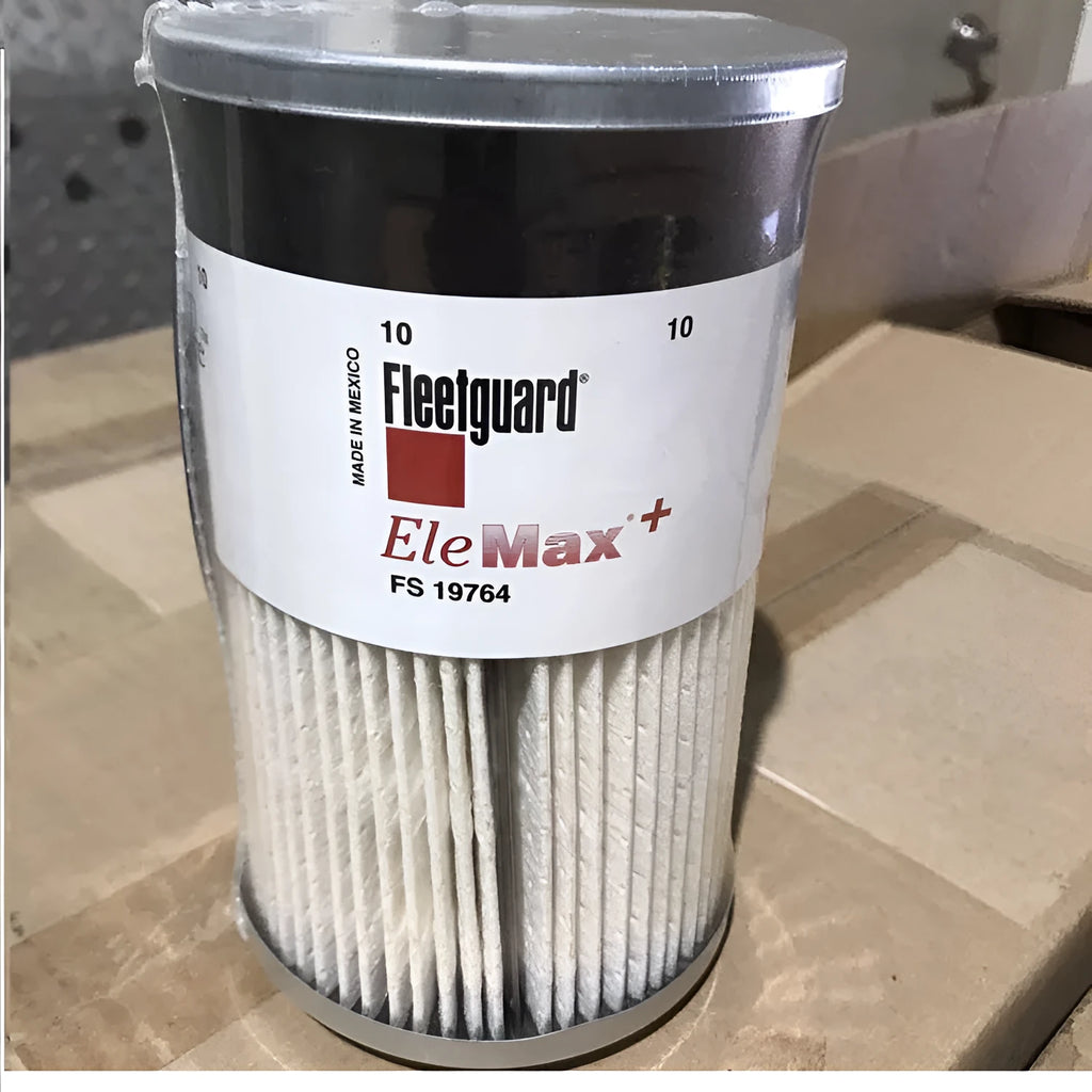 FS19764 diesel fuel filter with folding paper element, showing dimensions for generator and automotive use.