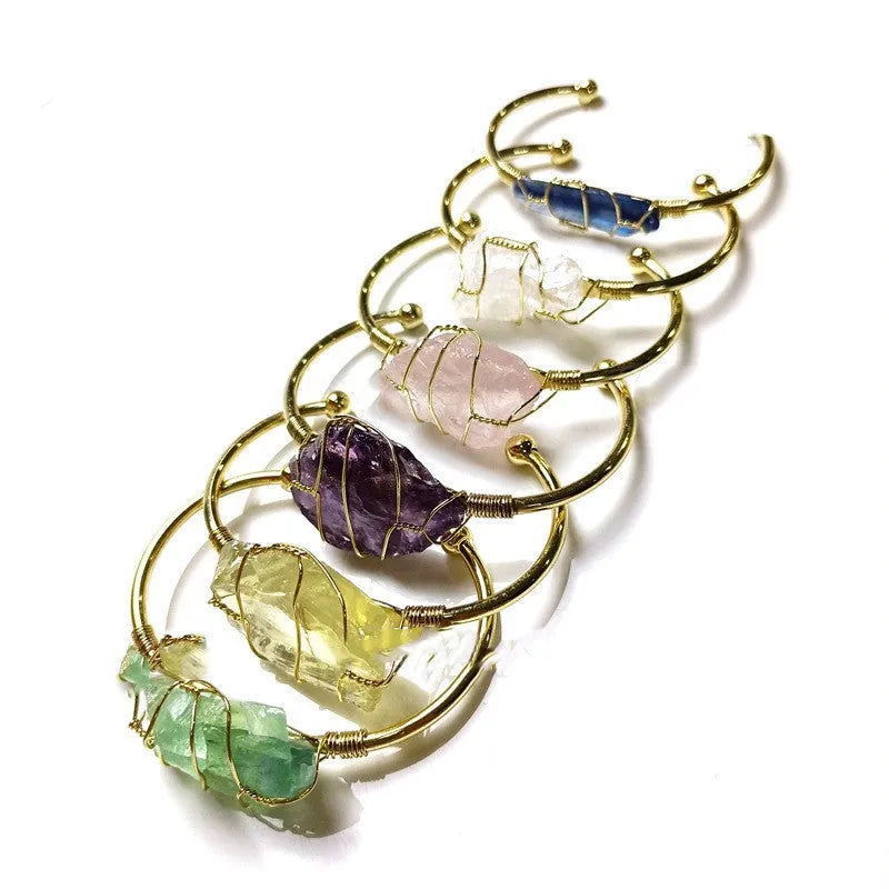Natural crystal rough stone bracelet with gold winding geometric bohemian design