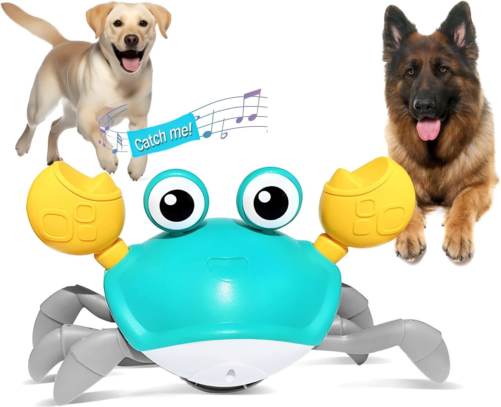 Blue or red electronic crawling crab dog toy with lights, shown on a floor.