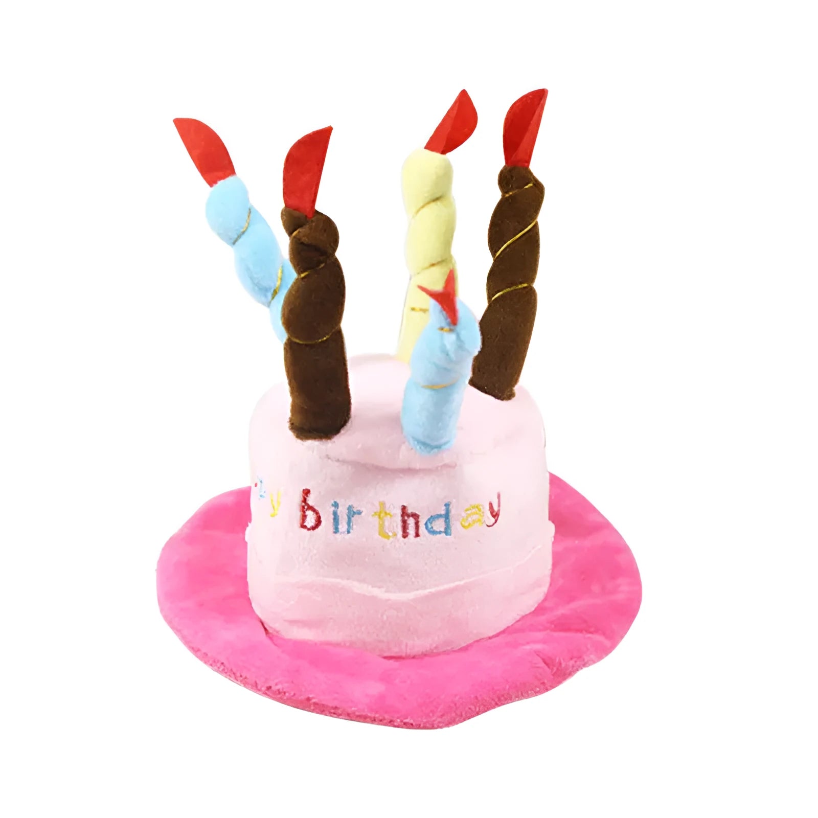Blue or pink dog birthday hat toy for small to medium dogs on a white background.