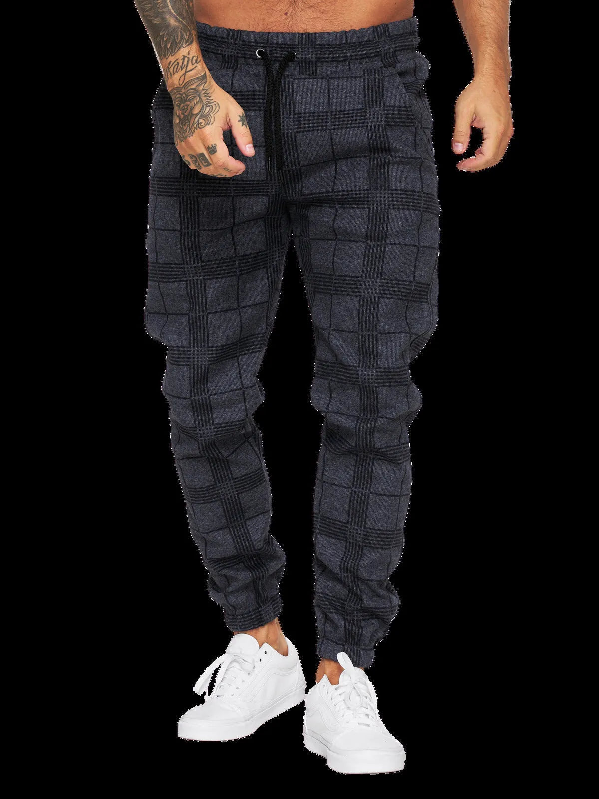 Cotton printed casual tapered trousers for men in black side view