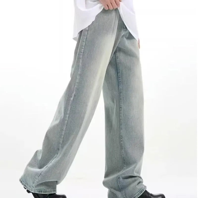 Blue retro-style loose trousers made from rabbit fur, showing a casual fit.