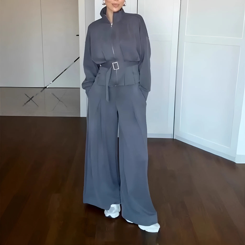 Women's polyester two-piece suit set with stand collar zip jacket and trousers, belt detail, in white dark brown or navy blue.