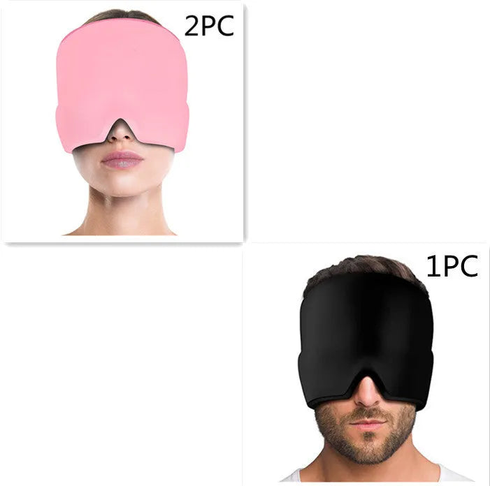 Black elastic ice gel headache relief eye mask shown on a mannequin head, adjustable for 42-66cm circumference.