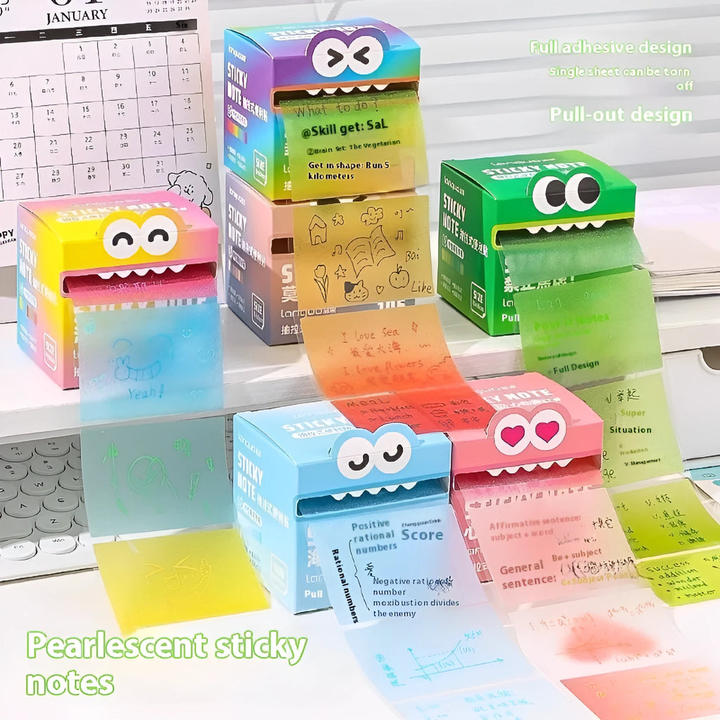 Pearl gradient transparent pull-out sticky notes in six colour series with 105 pages per pad
