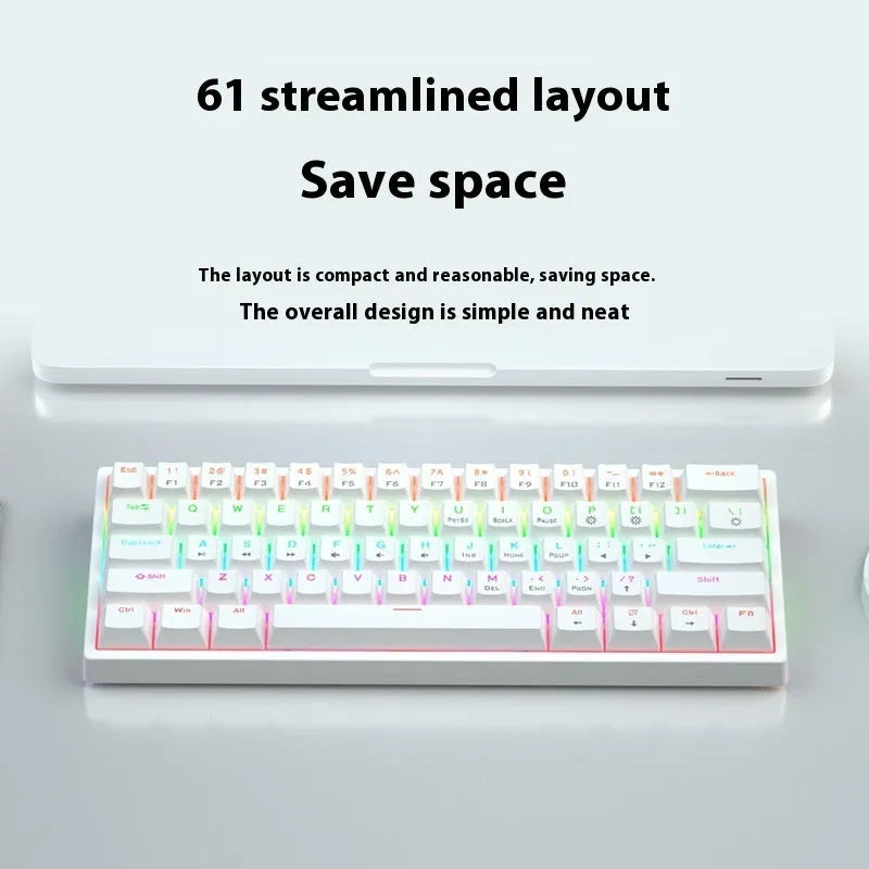 61-key bluish-black and white mechanical keyboard with hot-swap switches on desk