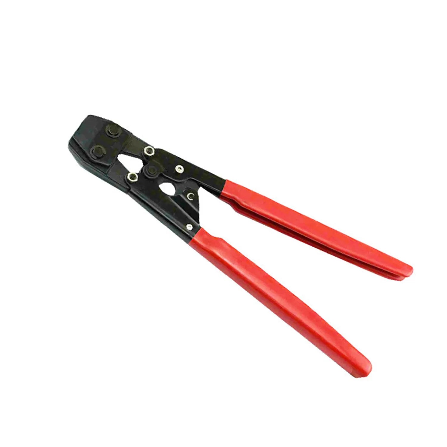 Red cloth bag containing a metal PEX clamp tool and a carbon steel cutting blade.