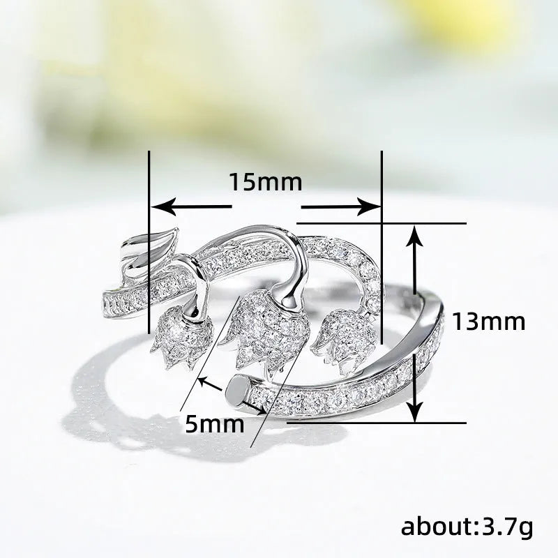 Adjustable white gold tone open ring with zircon rose, flower and lily design for women