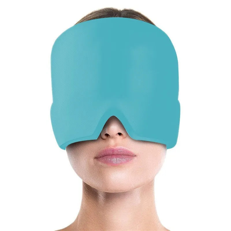 Black elastic ice gel headache relief eye mask shown on a mannequin head, adjustable for 42-66cm circumference.