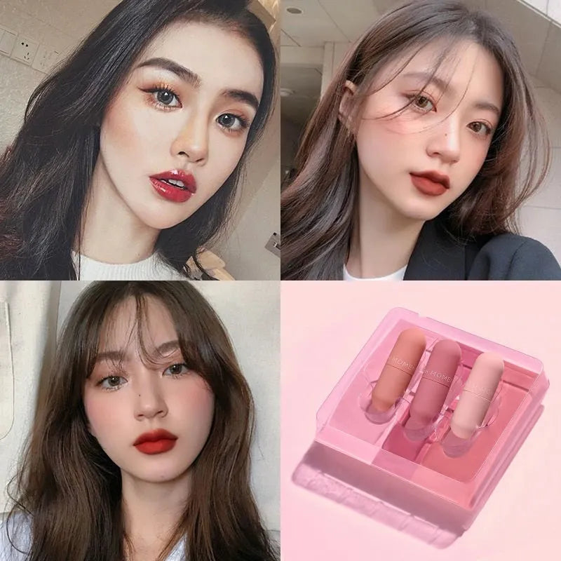 Mini capsule lip lacquer trio in mirror glass, matte, and velvet finishes, 3.5g x 3 pieces