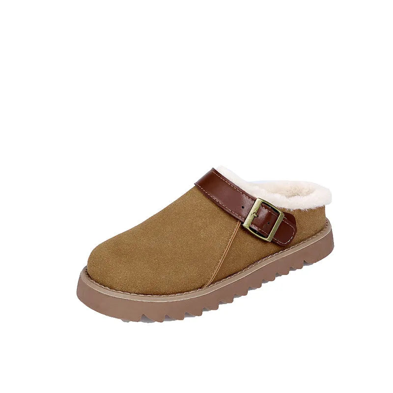 Women's low-top suede snow boots with cotton lining in brown, showing mid heel and rubber sole