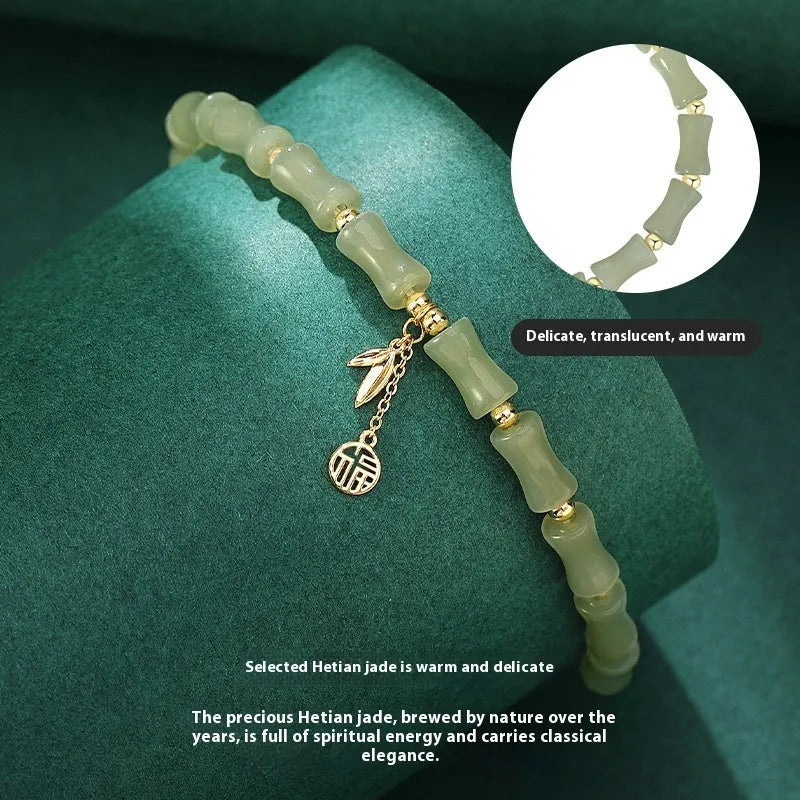 Green Hetian jade and alloy bamboo joint bracelet for women, about 18cm, New Chinese style