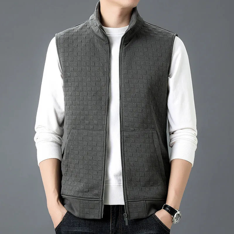 Men's black casual sleeveless waistcoat made from polyester blend fabric, shown in cardigan style.