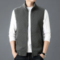 Men's black casual sleeveless waistcoat made from polyester blend fabric, shown in cardigan style.
