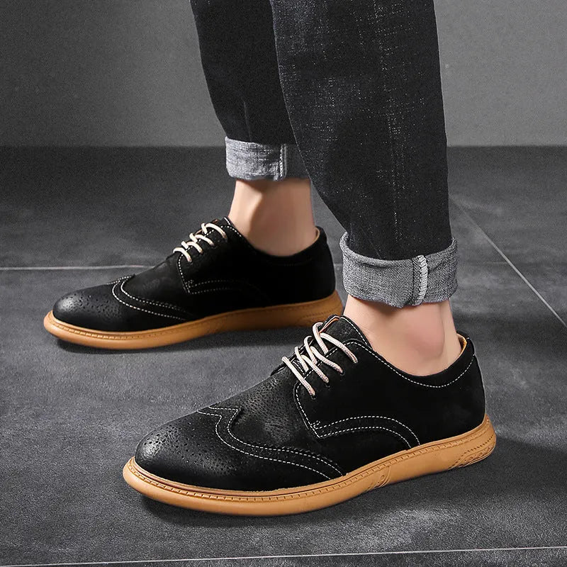 Men's black leather low-top lace-up business shoes with retro styling and visible stitching