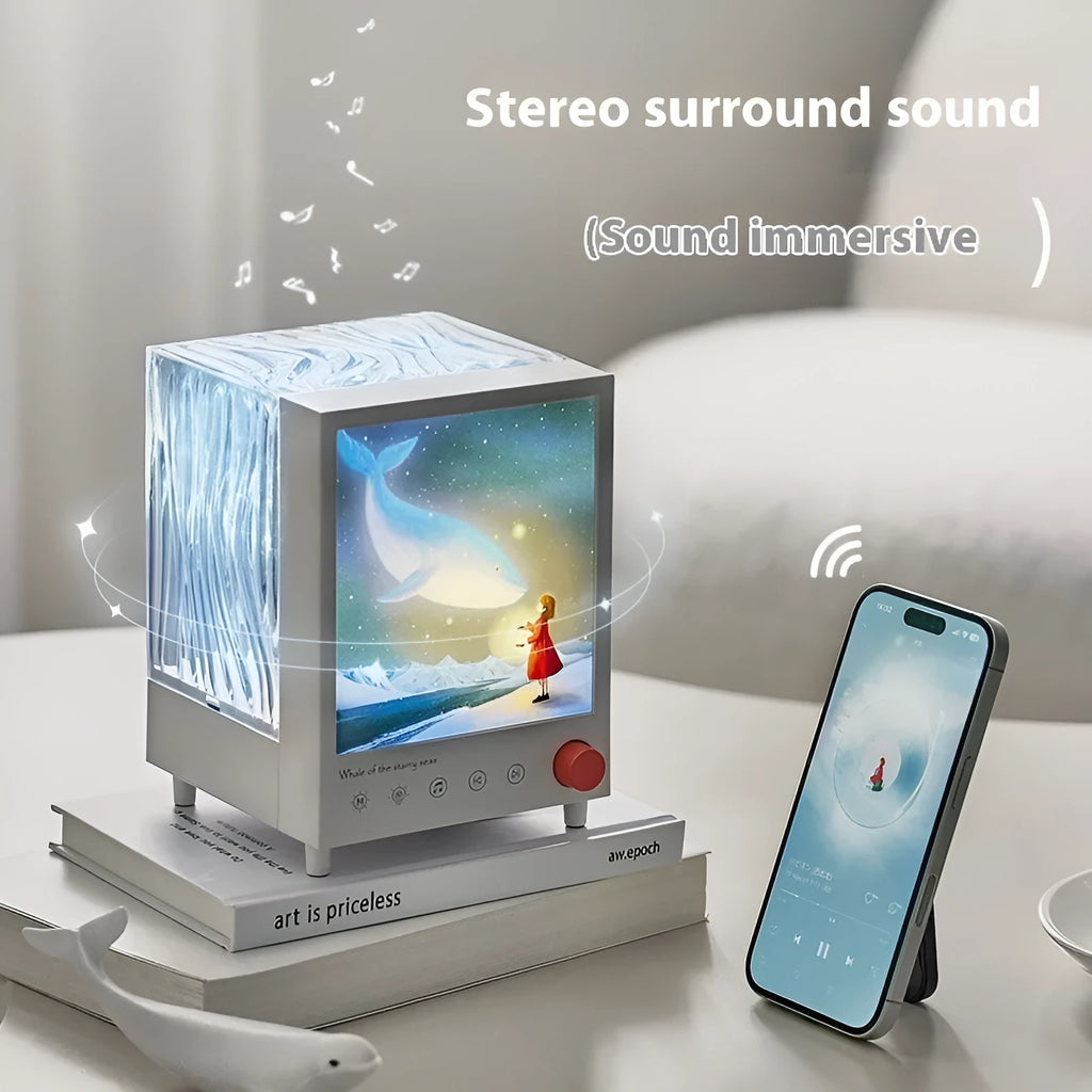 Aurora Treasure Box atmosphere projection lamp showing starry sky and whale light effects.