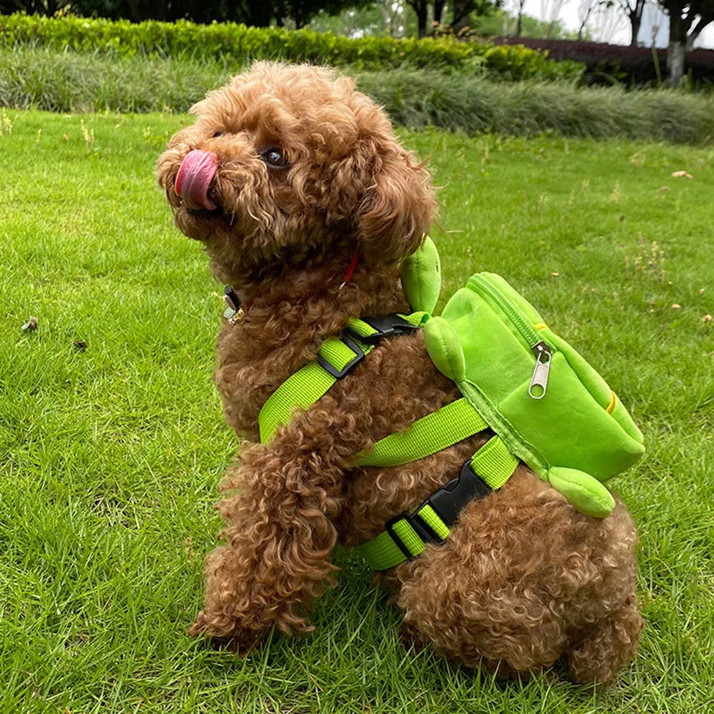 Turtle-shaped velvet dog backpack vest with metal zipper and harness in brown, green, grey, or yellow