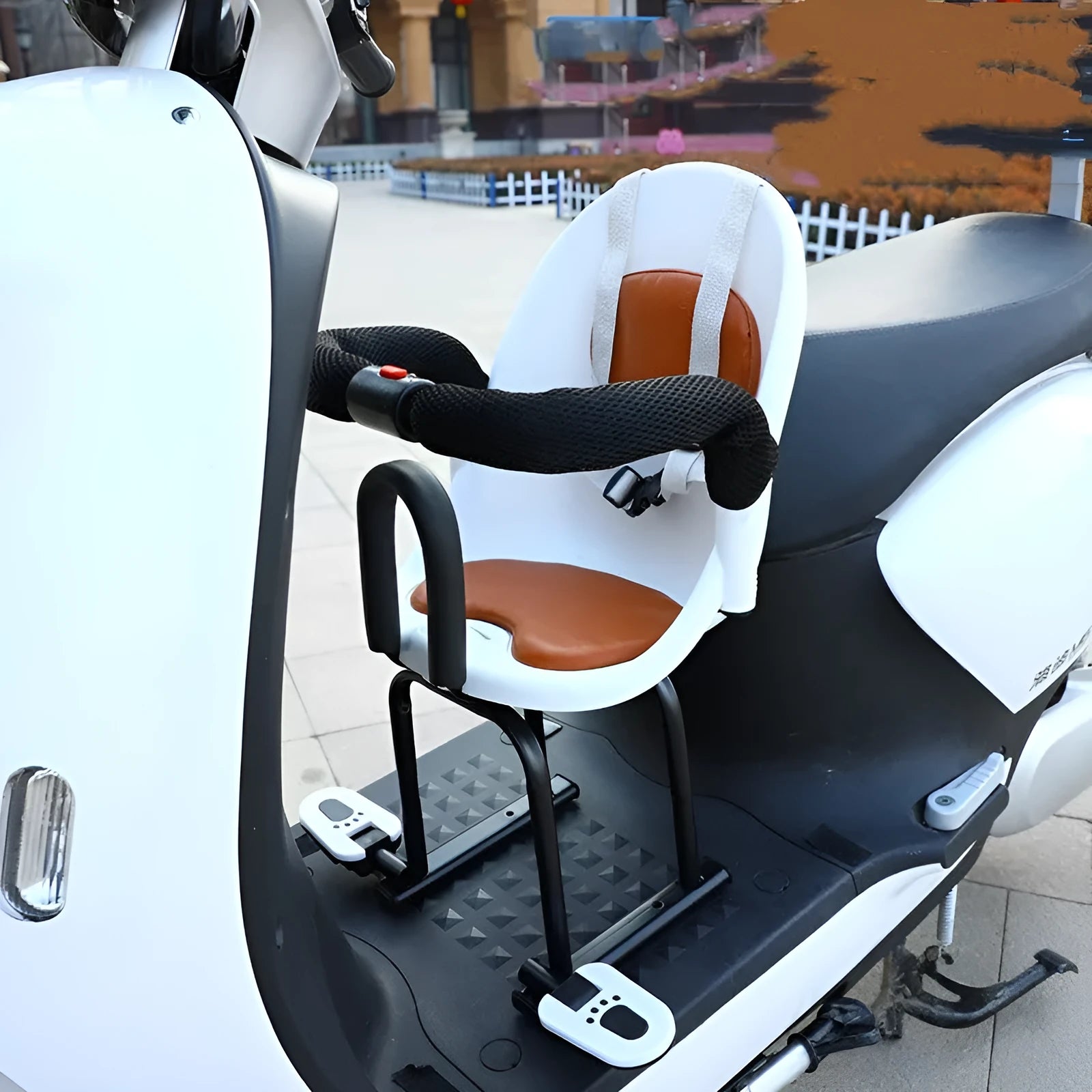 High carbon steel front seat bracket for child on battery scooter, shown in black, red, or white.