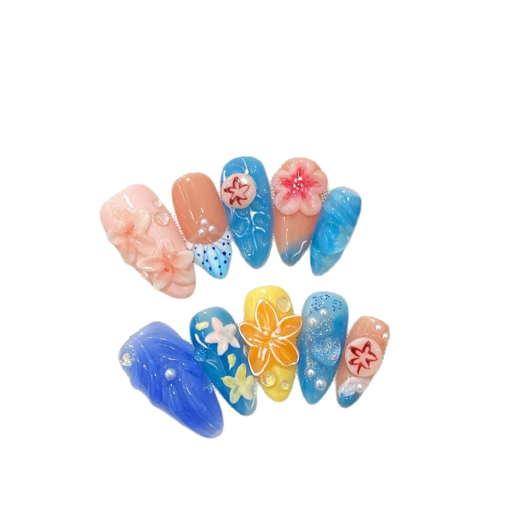 Three-dimensional carved jellyfish plastic wearable armour set in almond nail colour with marine theme