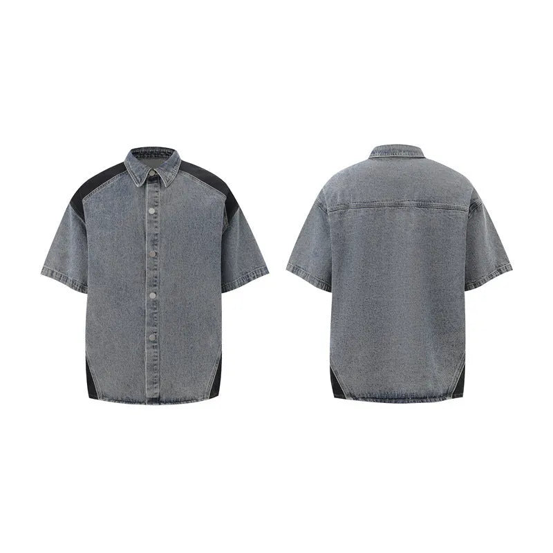Men's retro washed denim suit set with short sleeve jacket and trousers in blue.