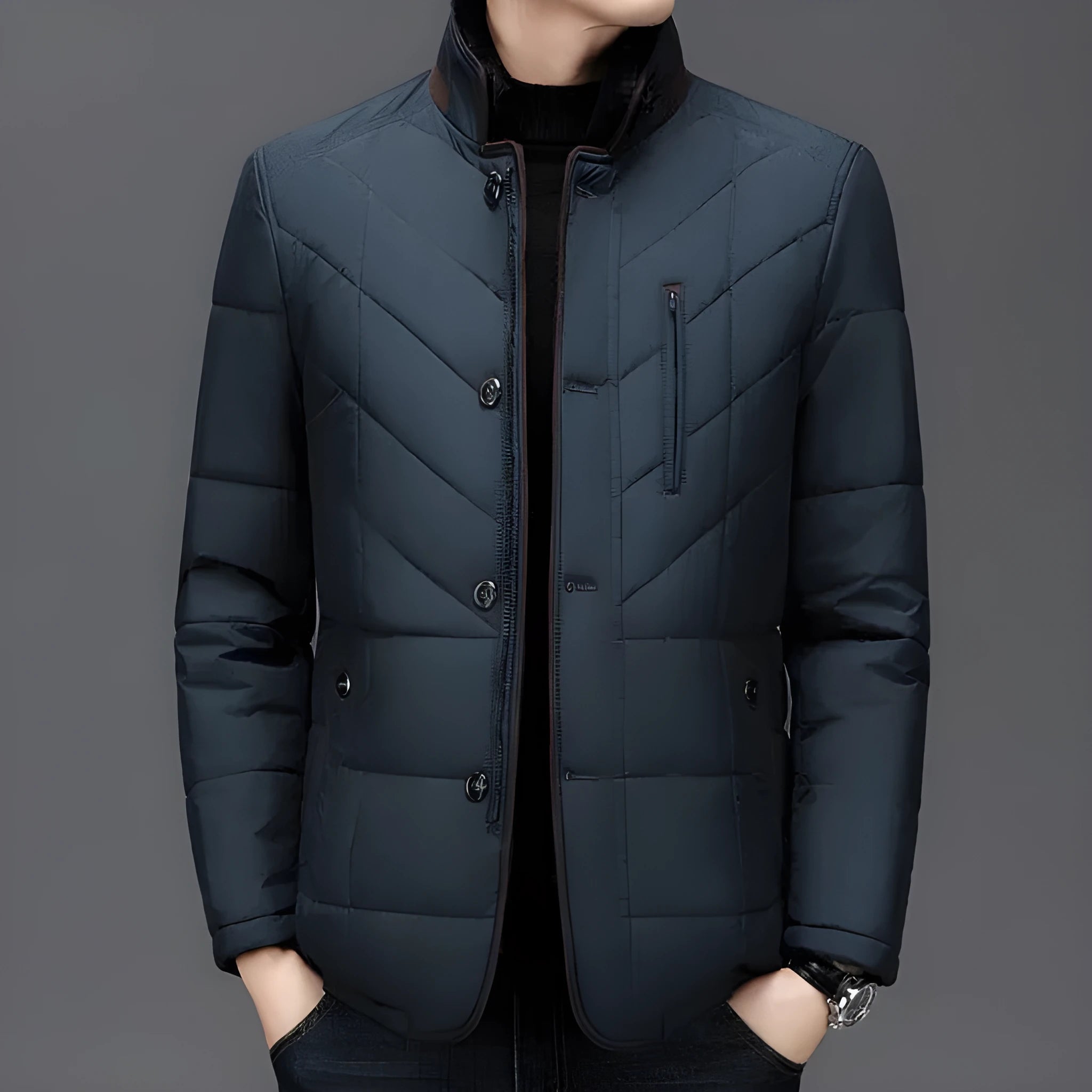 Men's dark blue winter short padded coat with side pockets on a solid background.