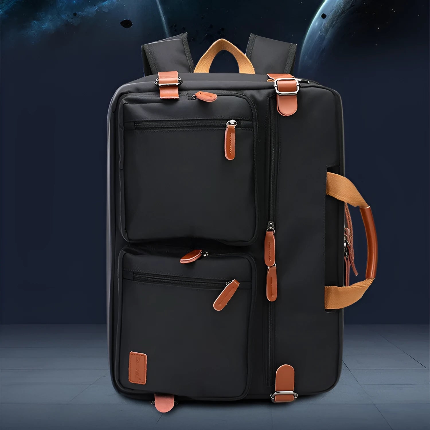Business multi-functional backpack for men in nylon canvas black with internal laptop compartment and luggage belt