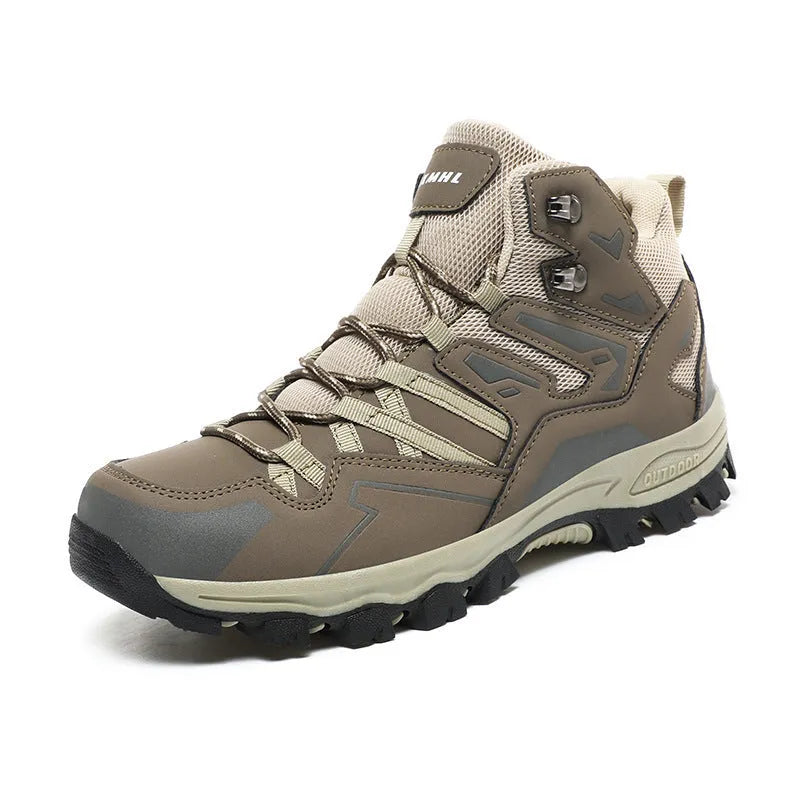 High-top outdoor hiking sneaker in flannel with rubber sole, shown on a rocky trail.