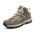 High-top outdoor hiking sneaker in flannel with rubber sole, shown on a rocky trail.
