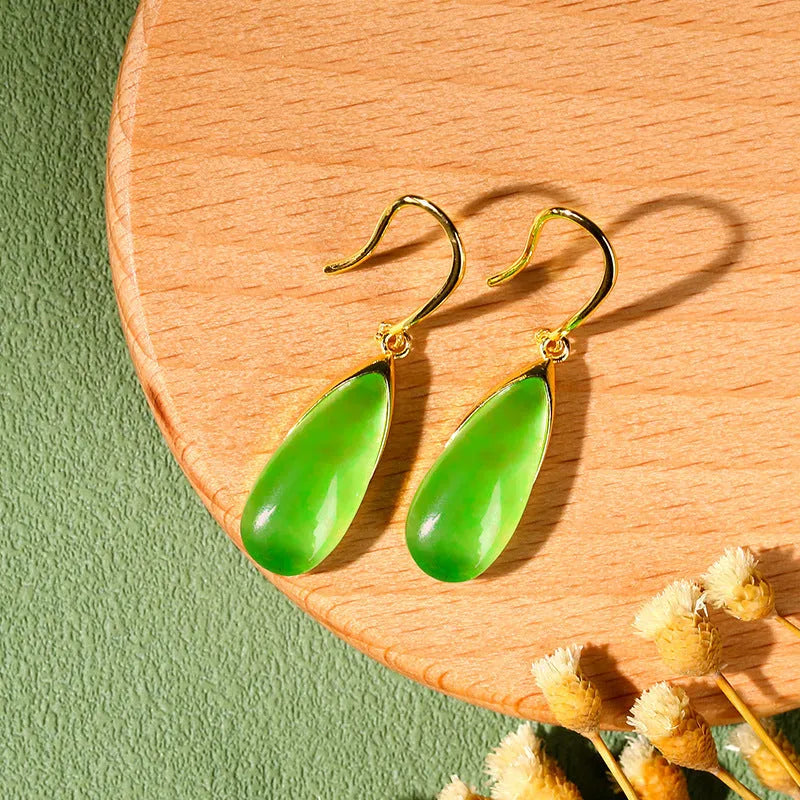 Chinese style geometric copper earrings with water droplet design in jade colour